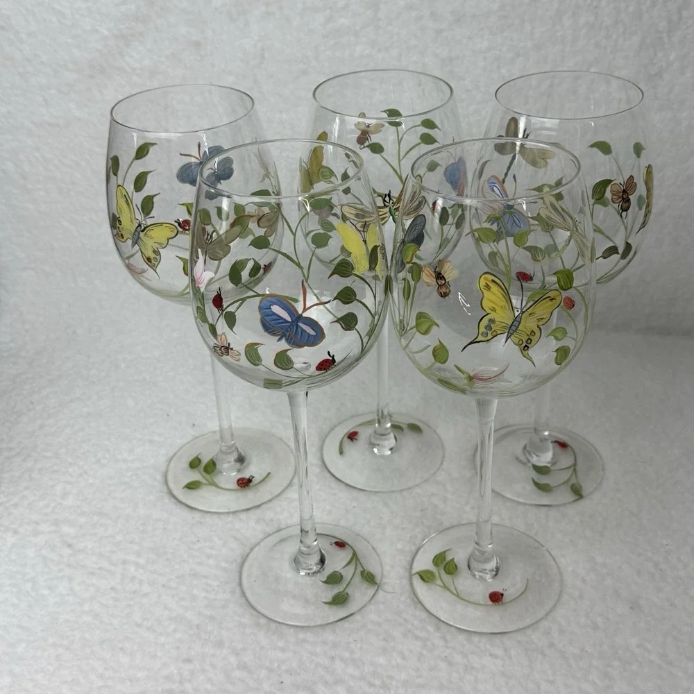 Lenox Butterfly Meadow Hand Painted Wine Glasses Water Goblets Set Of 5